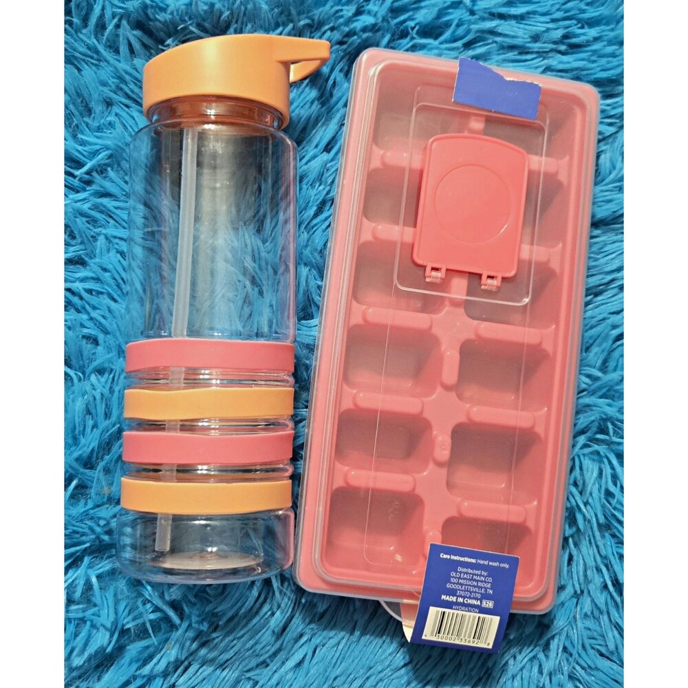 True Living 2pc Bundle Plastic 26oz Water Bottle & Ice Cube Tray w/Lid Pink